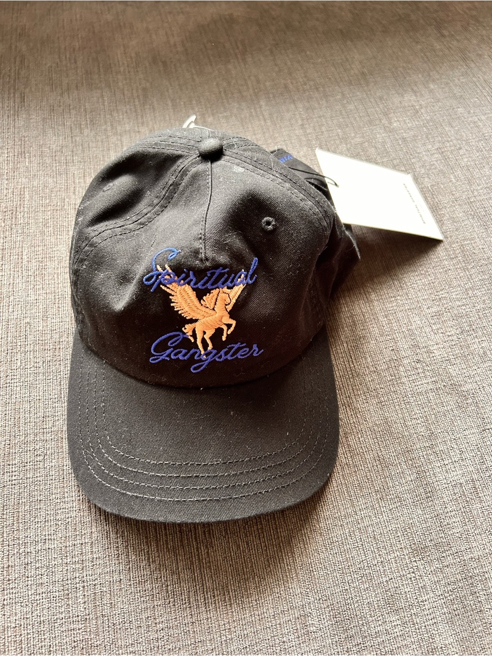 Spiritual Gangster Black Cap with Orange Pegasus and Blue Script